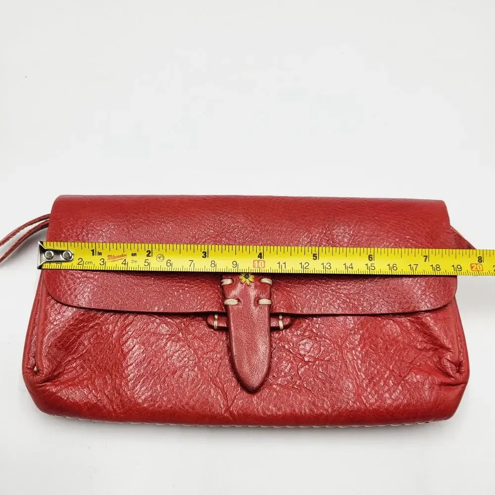 Fredd + Basha Red Leather Embroidered Daisy Snap Button Closure Accordion Wallet